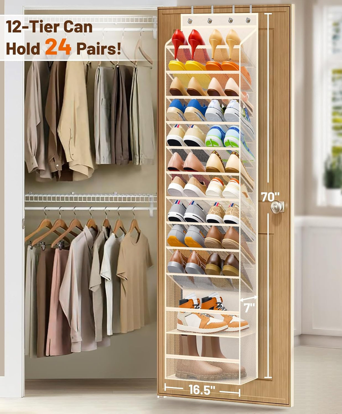 MISSLO 12 Tier Over the Door Shoe Organizer Breathable Mesh Hanging Shoe Rack for Closet Storage Shoe Holder for Door Fit 24 Pairs Sandals, Heels, Boots (Beige)