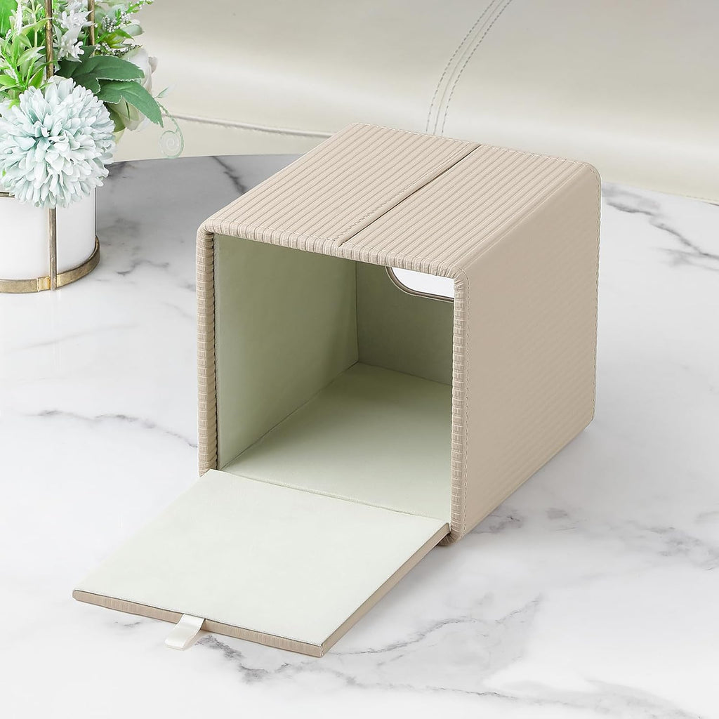 PU Leather Square Tissue Box Cover Tissue Box Holder Cube (Beige)