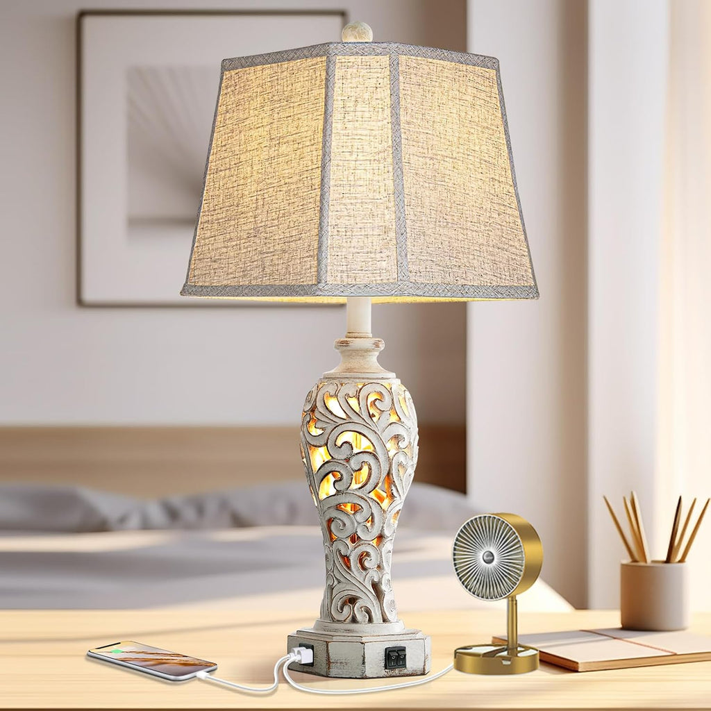 25'' Farmhouse Table Lamp for Living Room Bedroom with USB C+A