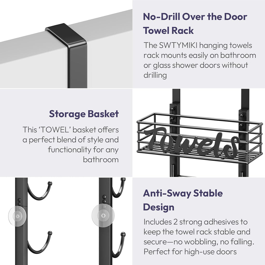 SWTYMIKI Hanging Towel Racks for Bathroom - 6 Tier Over The Door & Wall Mounted Bath Rolled Towel Storage Organizer Holder for Small Bathroom, RV, Camper, Black (Patented)