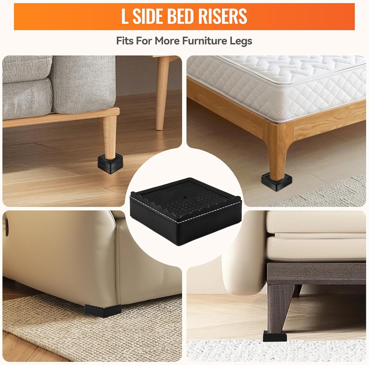 Furniture Risers, 8 Pack Bed Risers with Non-Slip Grip and Heavy Duty Support, 1 Inch 2 Inch 3 Inch 4 Inch Height Lift for Couch, Sofa, Table, Desk, Chair, Refrigerator - Black, 1+1+1+1 Inch