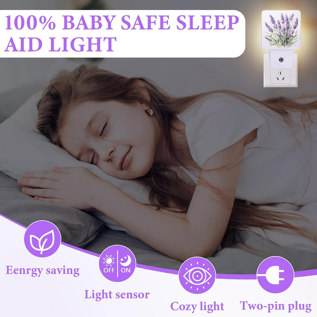 Purple Lavender Night Light,Plug-in Night Lights with Dusk-to-Dawn Sensor for Bedroom,Bathroom and Living Room Sleep Friendly lamp 0.5w