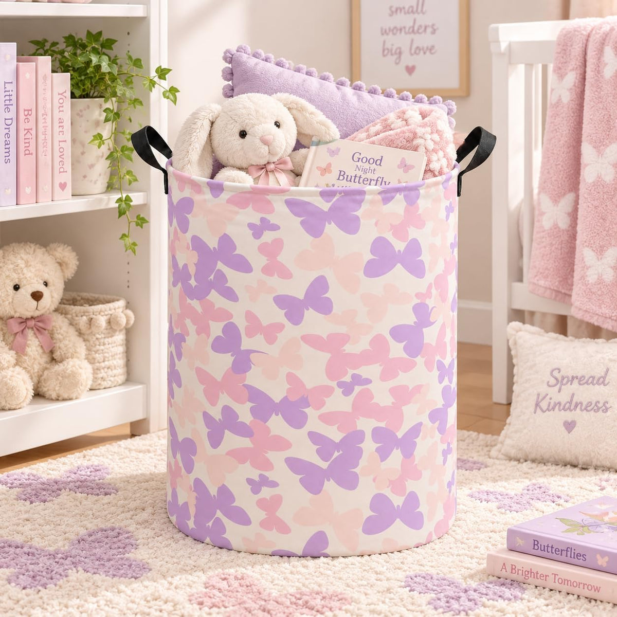 Collapsible Kids Laundry Basket Clothes Hamper, Foldable Storage Organizer Bin, Toy Clothes Storage with Handles for Boys Girls Bedroom, Room Decor Butterfly