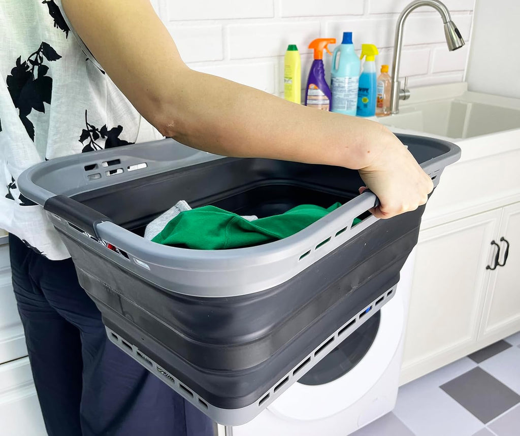 SAMMART Set of 2 Collapsible Plastic Storage Basket - Foldable Pop Up Storage Container - Portable Laundry Organizer - Space Saving Hamper (Grey/Black, 42L (Style A))