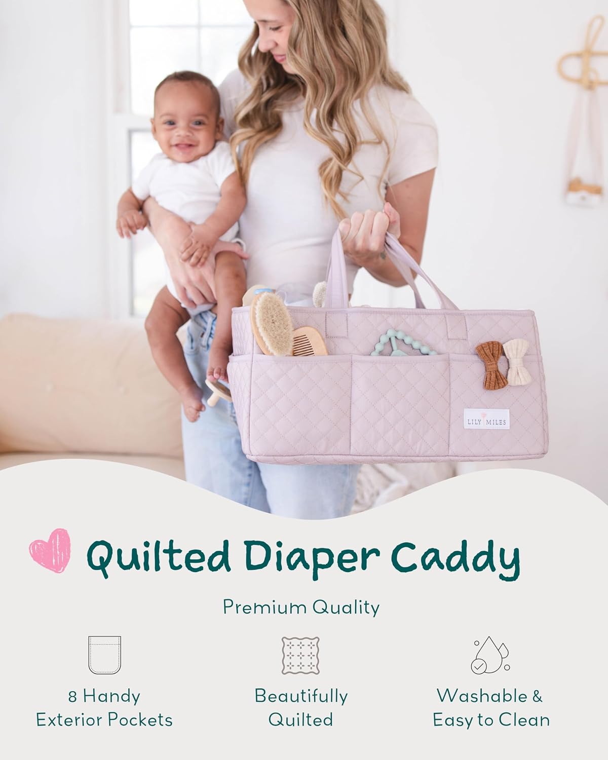 Lily Miles Baby Diaper Caddy Organizer, Quilted Nursery Storage Organizer for Newborn Essentials and Diaper Changing Station, Gift for Baby Shower and Registry Must-Have (Rosy Lilac)