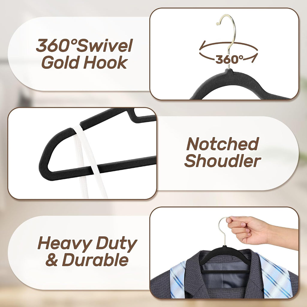 Velvet Hangers 30 Pack with Gold Hooks, Non-Slip Felt Clothes Hangers Black