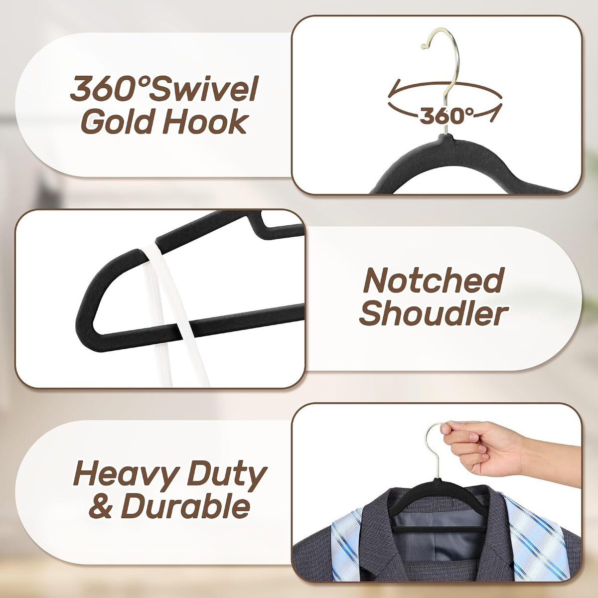 Velvet Hangers 30 Pack with Gold Hooks, Non-Slip Felt Clothes Hangers Black