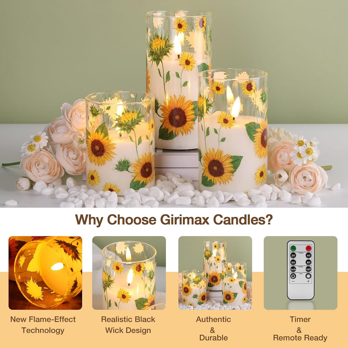 Sunflower Glass Flameless Pillar Candles with Remote Set of 3