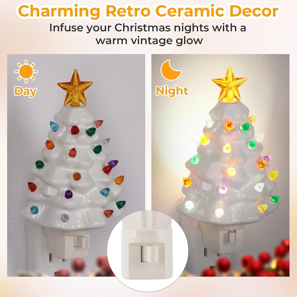 Brightever 2-Pack Ceramic Christmas Tree Night Lights, 6" H UL Certified C7 Christmas Nightlight Plug into Wall with Multicolor Bulbs, On/Off Switch, Vintage Xmas Decor for Bathroom, Bedroom - White