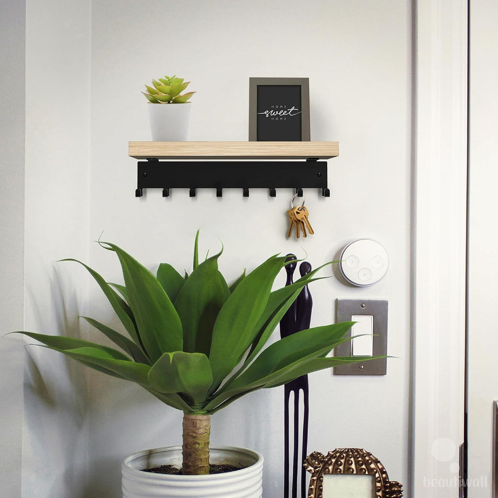 Sturdy Steel Wall Key Holder with Natural Bamboo Shelf. Metal and wooden key hanger with Hooks for Car, Apartment, Storage, Keys