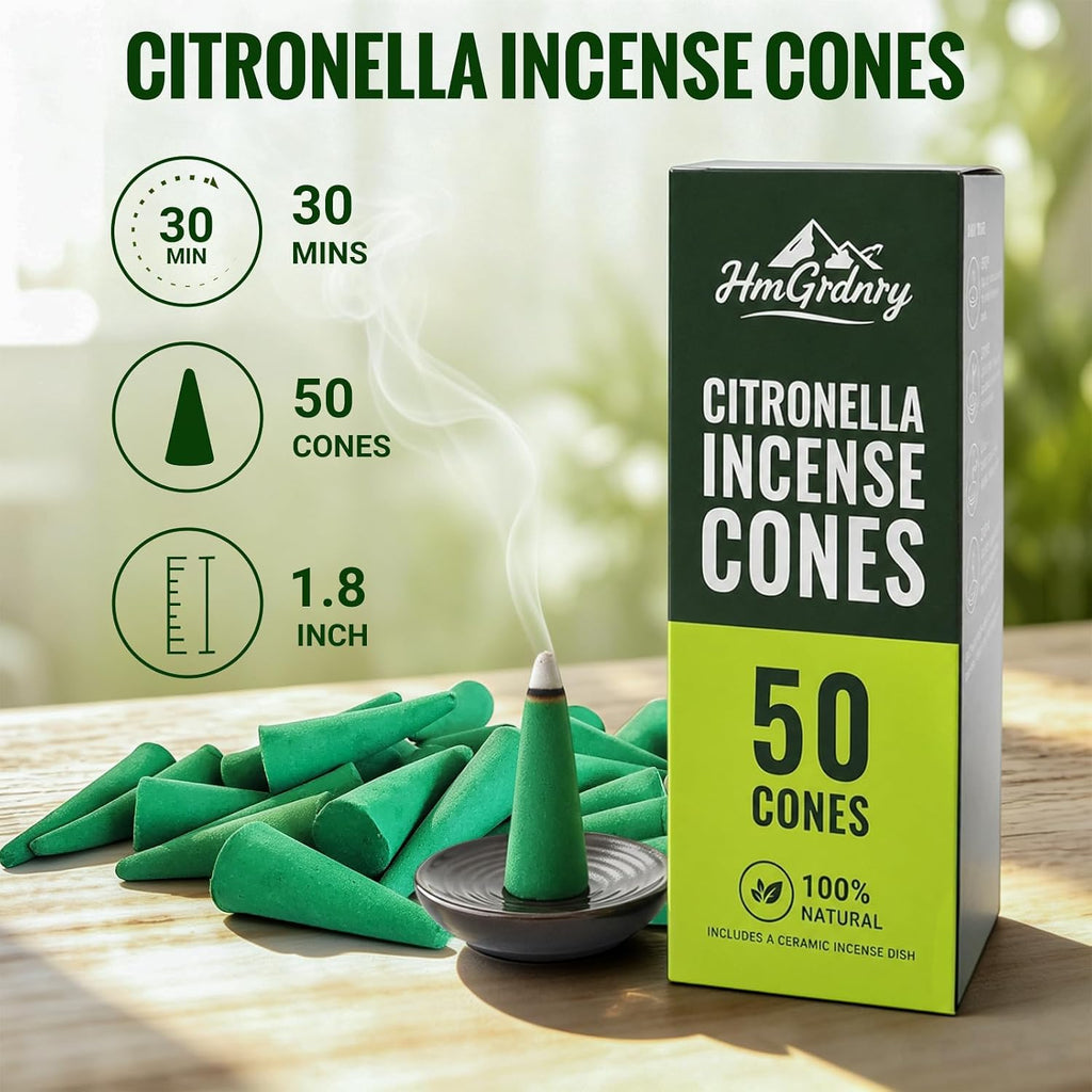 Citronella Cones (50 Cones) – Citronella Incense Cones with Ceramic Dish, Citronella Incense Cones Outdoor for Home Outside, Pool Side, Patio, Camping, Porches, Courtyards – Long Lasting Natural Scent