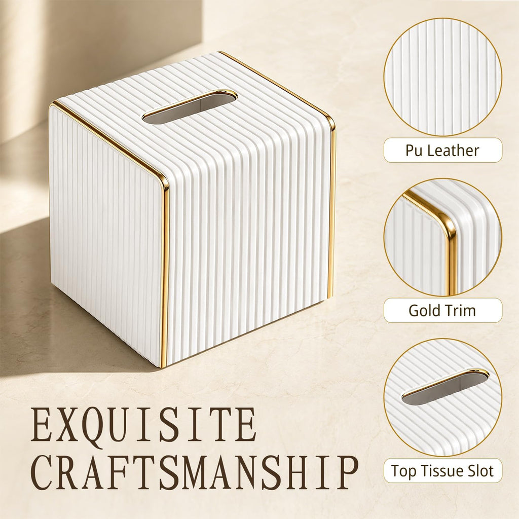 White Tissue Box Cover Square,Cube Tissues Holder with Gold Edging
