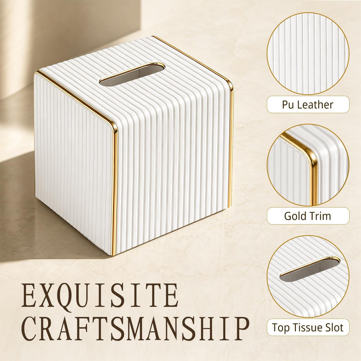 White Tissue Box Cover Square,Cube Tissues Holder with Gold Edging