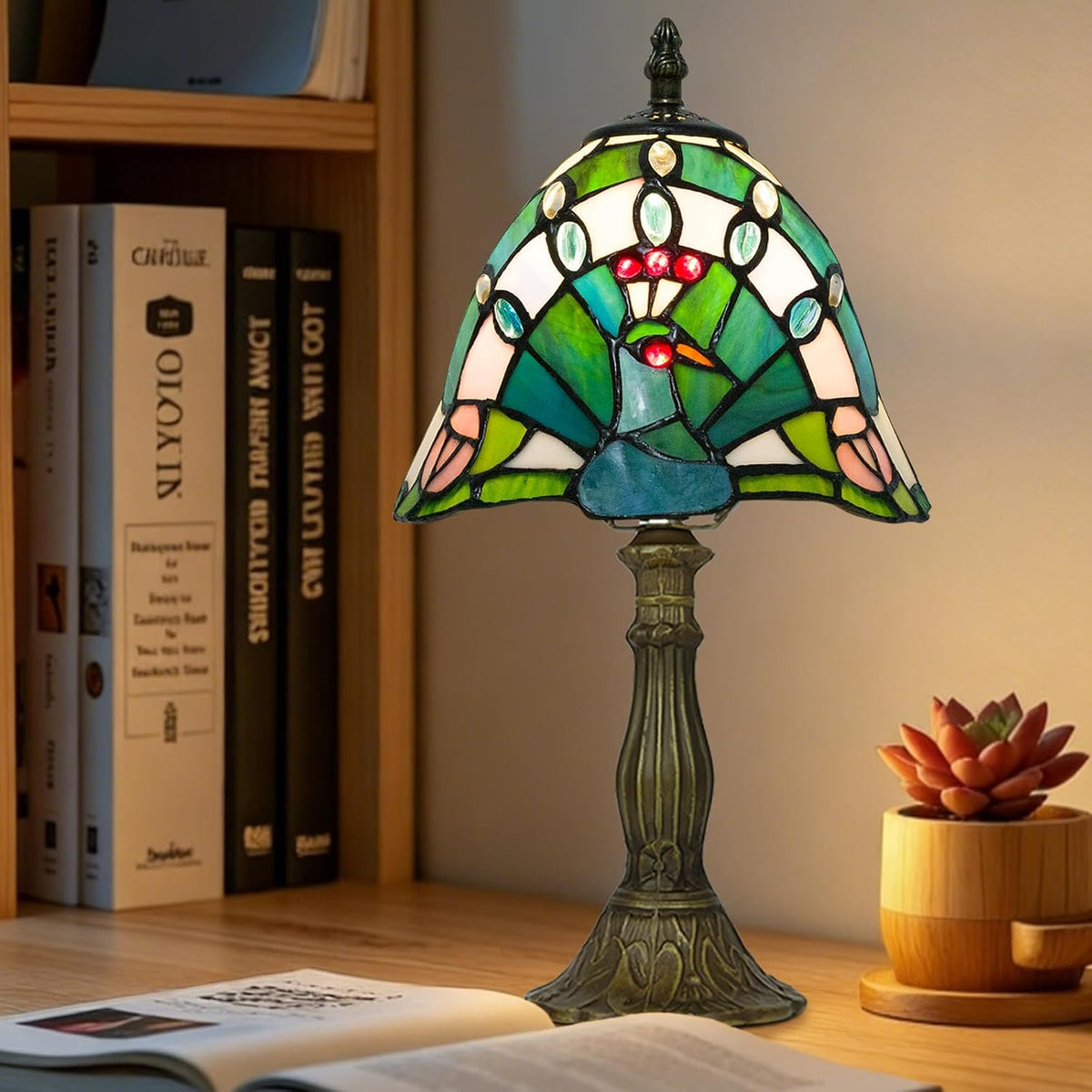 Small Tiffany Style Lamp,Green Peacock,3 Color Temperature,8 Inch