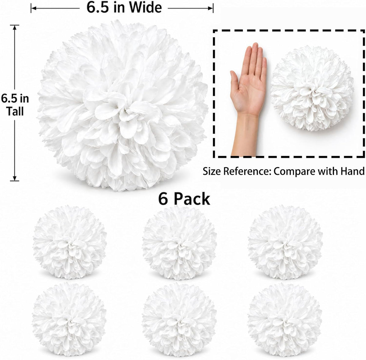 DZrudun 6Pcs White Homecoming Mum Flowers, 6.5 Inch Artificial Mum Flowers