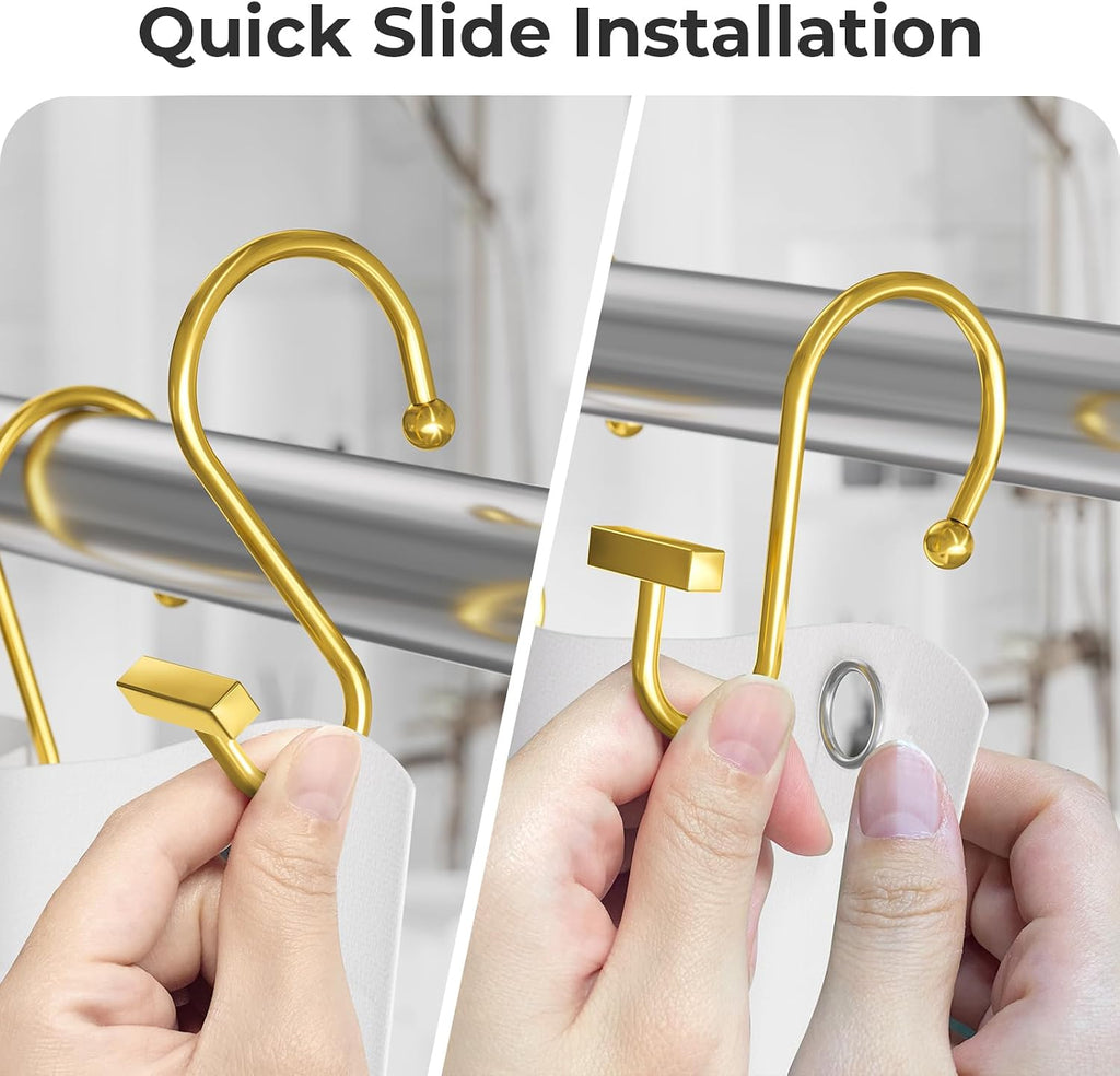Warm Gold Shower Curtain Hooks, Bathway Shower Curtain Rings Rust Proof, 12PCS Shower Hooks for Shower Curtain, T-Bar Design Convenient Elegant Shower Curtain Hangers for Bathroom Kitchen Wardrobe