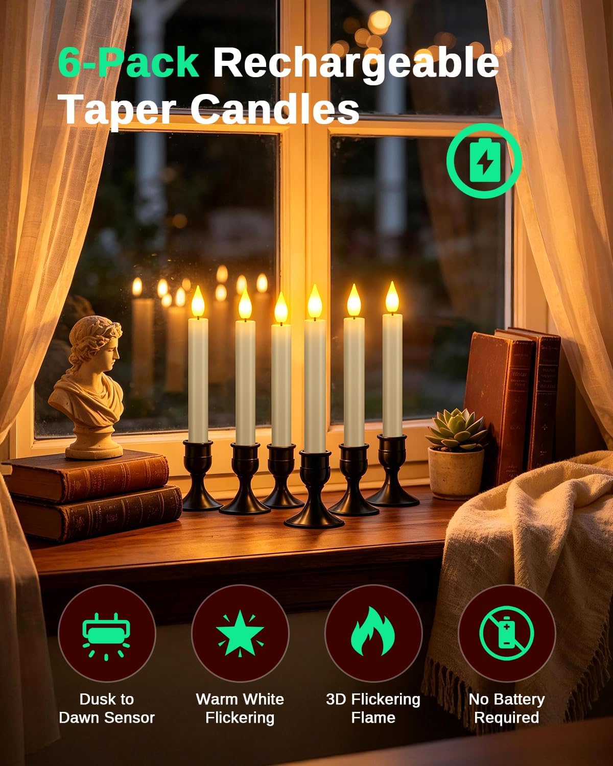 SoulBay USB Rechargeable Window Candles with Sensor Dusk to Dawn Tapers