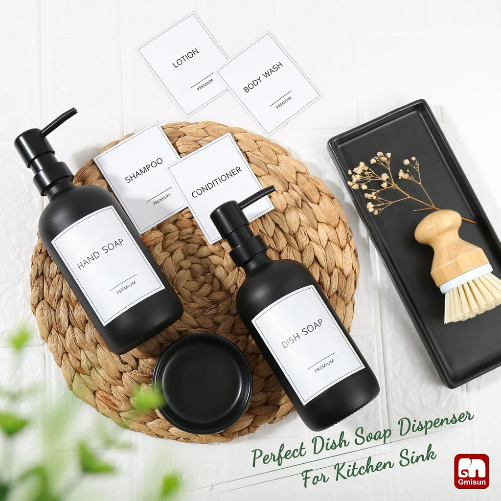 GMISUN Kitchen Soap Dispenser Set, 17 fl oz Dish Soap Dispenser with Ceramic Tray & Bamboo Brush for Kitchen, 2Pcs Matte Black Glass Hand and Dish Soap Dispenser Set, Refillable Soap Bottle Set