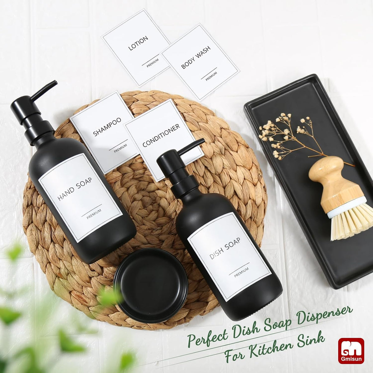 GMISUN Kitchen Soap Dispenser Set, 17 fl oz Dish Soap Dispenser with Ceramic Tray & Bamboo Brush for Kitchen, 2Pcs Matte Black Glass Hand and Dish Soap Dispenser Set, Refillable Soap Bottle Set