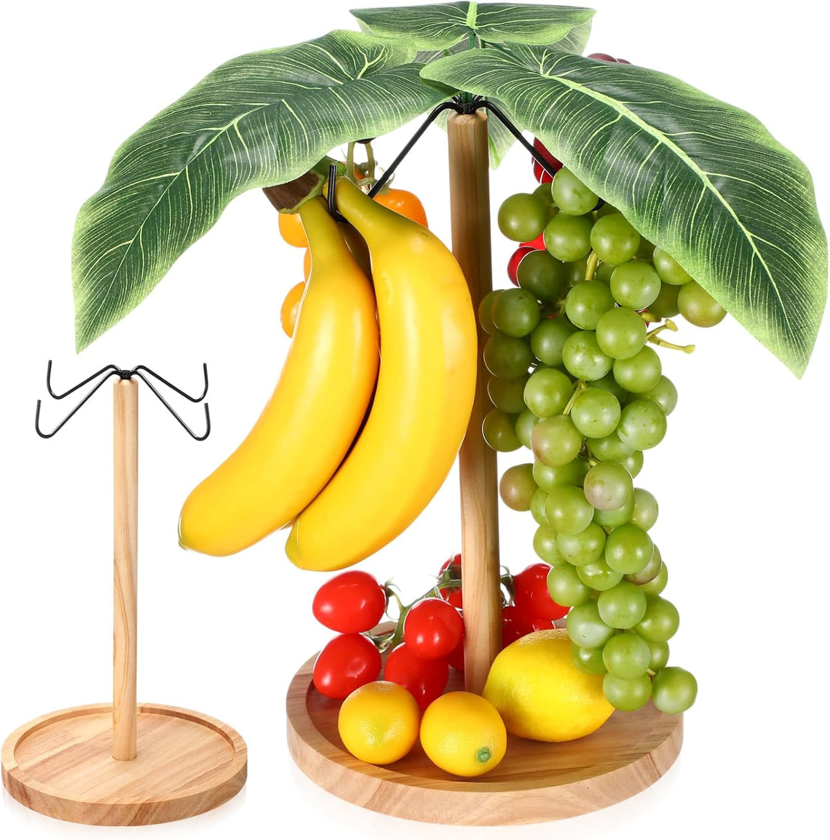 Chunful Banana Holder Banana Hanger Tree with 4 Metal Hooks Decorative Wooden Fruit Bowl Countertop Vegetable Storage Basket Stand, Vertical Storage Rack for Kitchen Dining Room