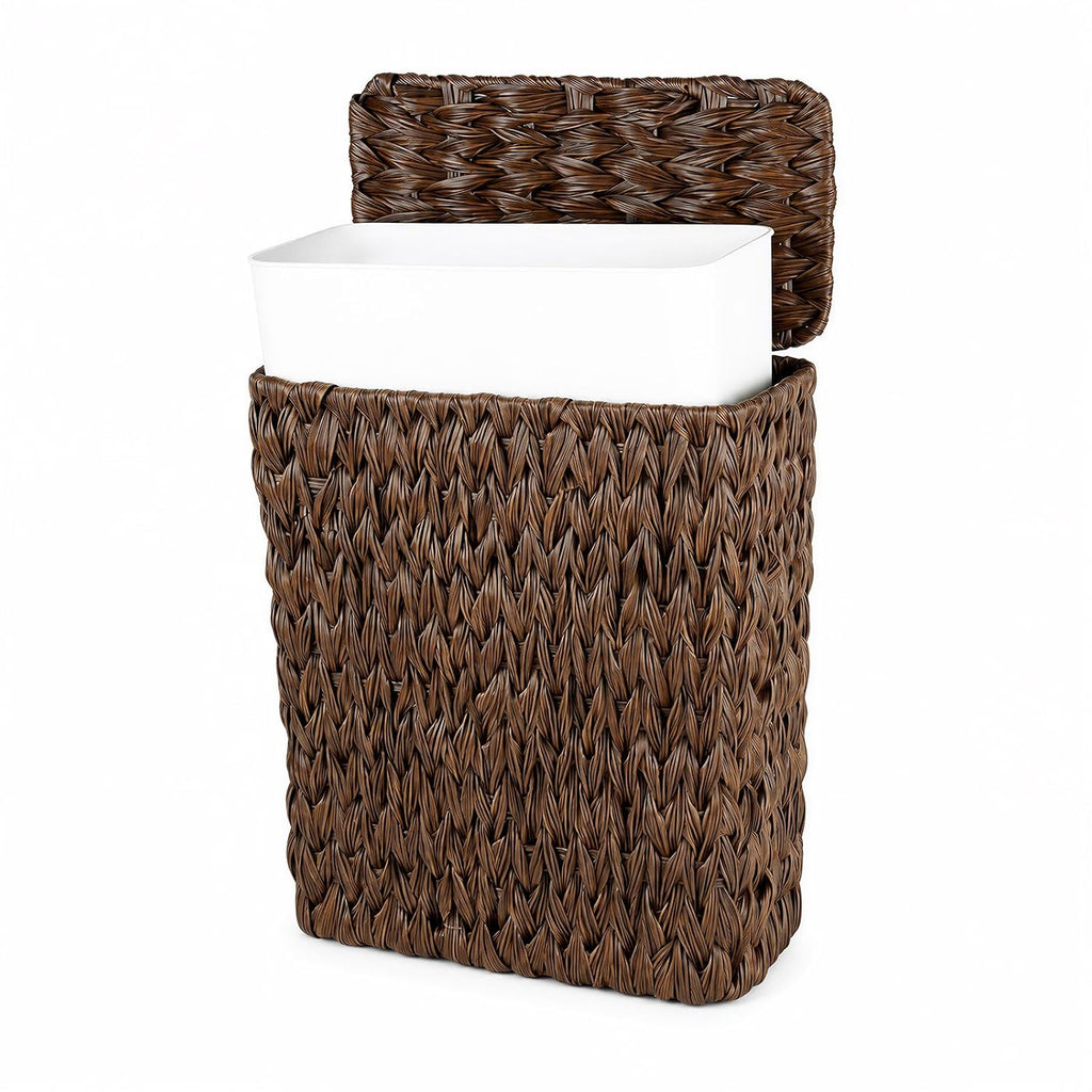 Wicker Trash Can with Lid & Liner, Small Bathroom Waste Basket, Brown