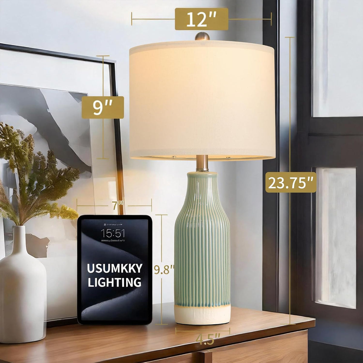 USumkky 23.75" Modern Green Ceramic Table Lamp Set of 2 for Living Room