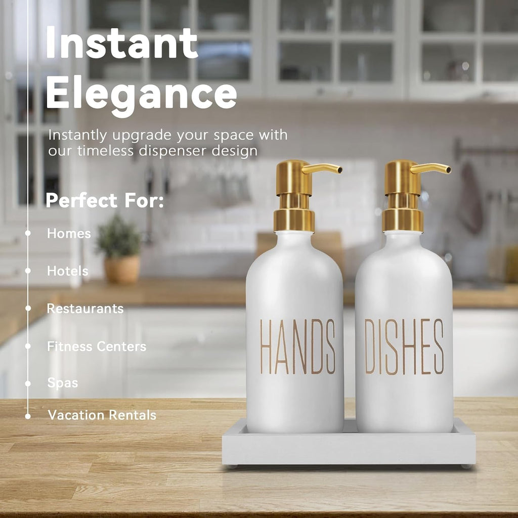 Soap Dispenser Set, Contains Hand Soap Dispenser and Dish Soap Dispenser for Kitchen， Glass Soap Dispenser with Stainless Steel Pump，for Luxury Gold Kitchen Counter Decor，（White）