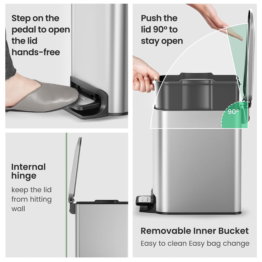 Cesun Small Bathroom Trash Can with Lid, 1.6 Gal, Soft Close, Sliver