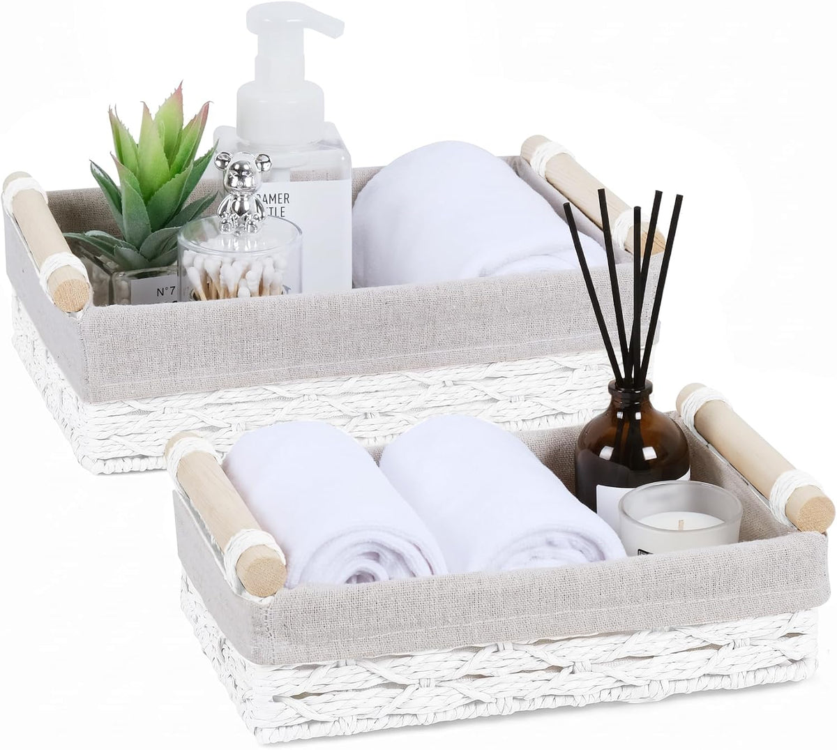 Wicker Storage Basket with Wooden Handle 2 Pack–Paper Rope Decorative Toilet Paper Baskets & Bathroom Organizer for Toilet Tank Top, Shelves, Bedroom, Countertop,Home,Office Storage Bins,White
