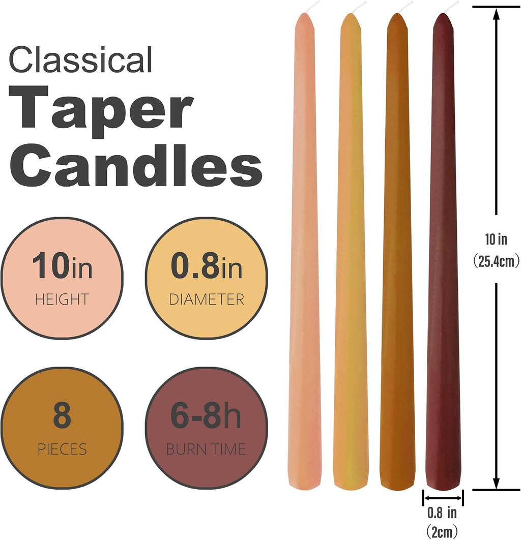 10 Inch Taper Candles, 8 Pack Earth Colors Candlesticks, Unscented Driples 6-8 Hours Burn Candles for Thanksgiving and Fall Decor
