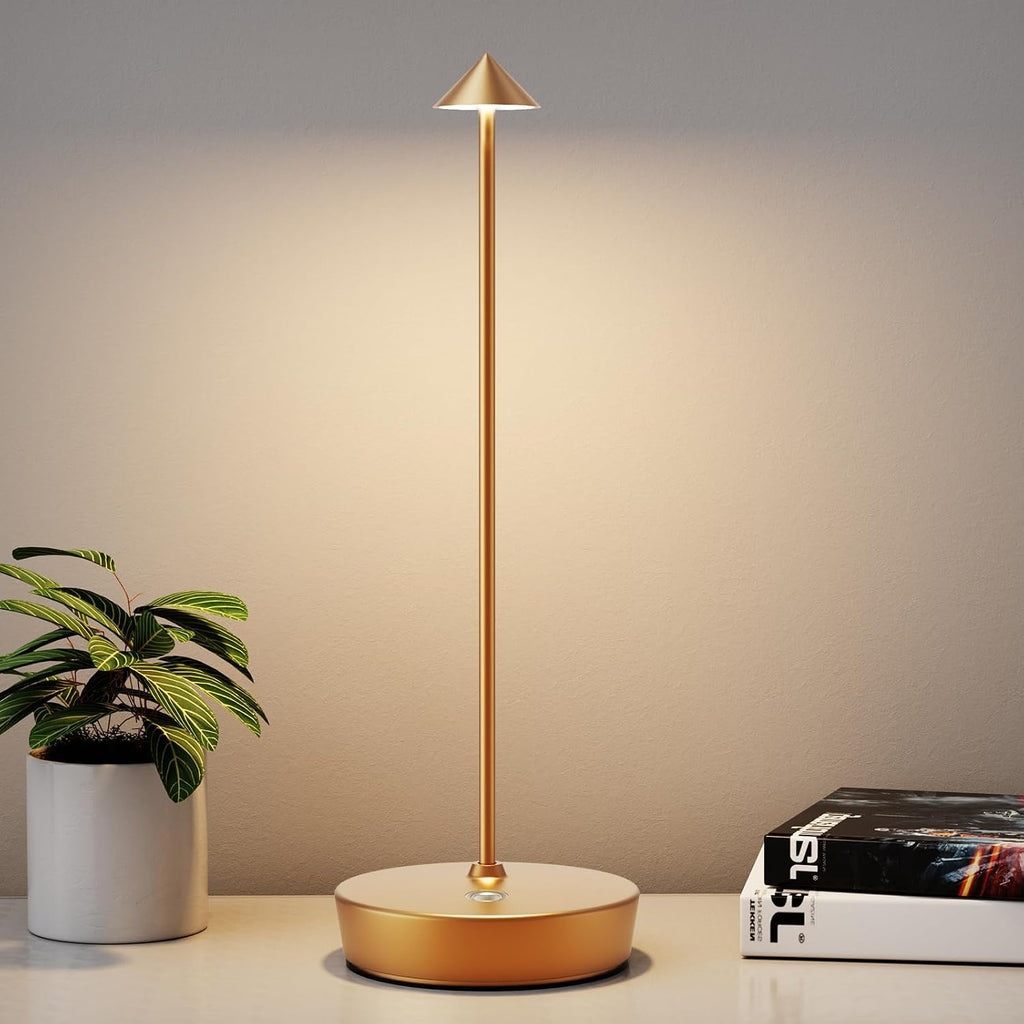 Rechargeable Cordless Table Lamp, Portable Powered LED Battery 6000mAh Metal USB Desk Lamp, 3 Levels Brightness Light for Restaurants Outdoor (Gold)