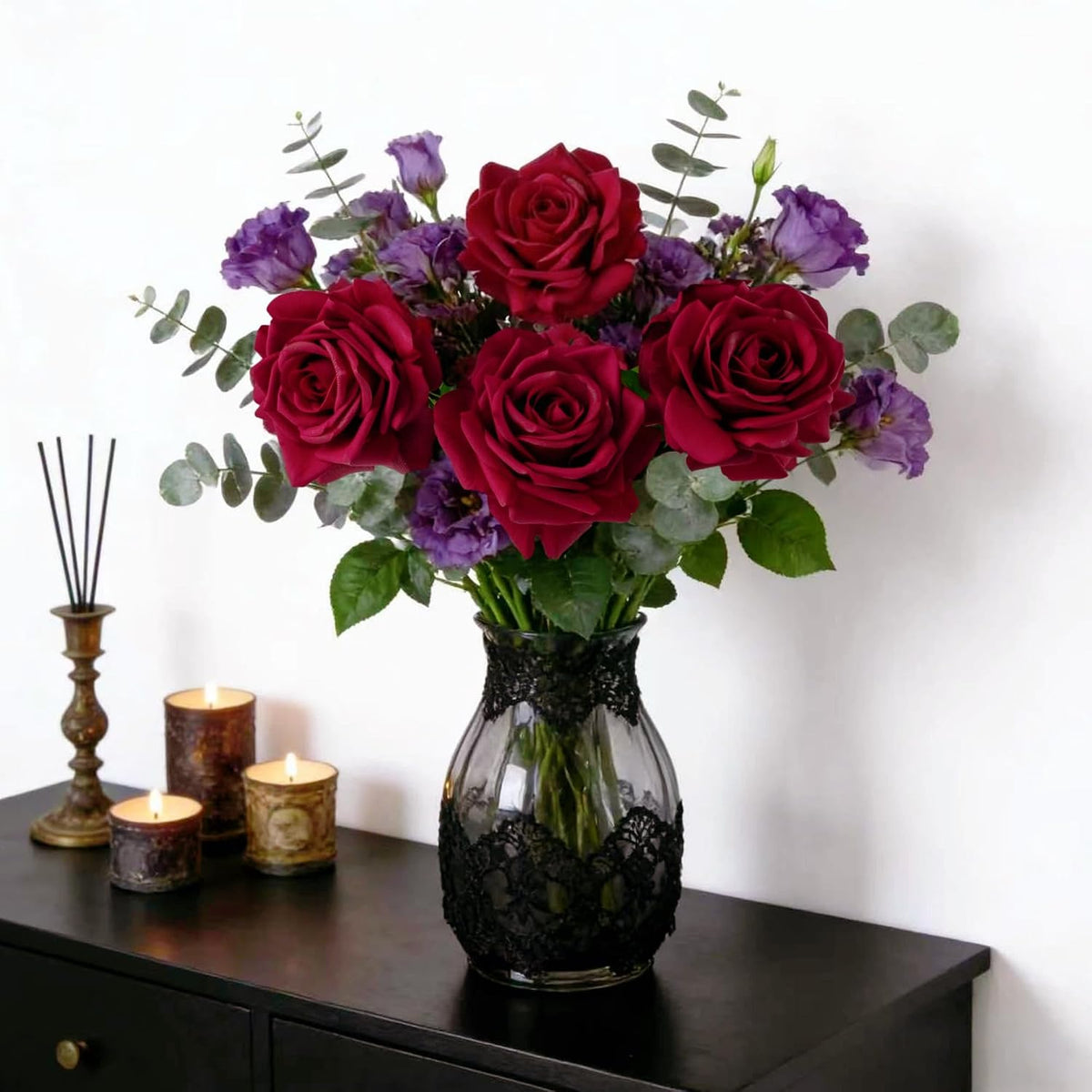 Real Touch Roses Artificial Flowers, 5Pcs Dark Red Faux Silk Rose