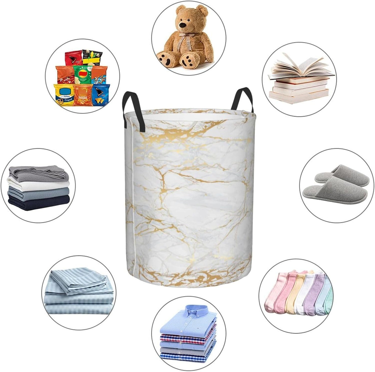 Marble Print Round Laundry Hamper Storage Basket Toys Clothes Organizer Bin For Home Bathroom Bedroom Dorm Nursery, 38l