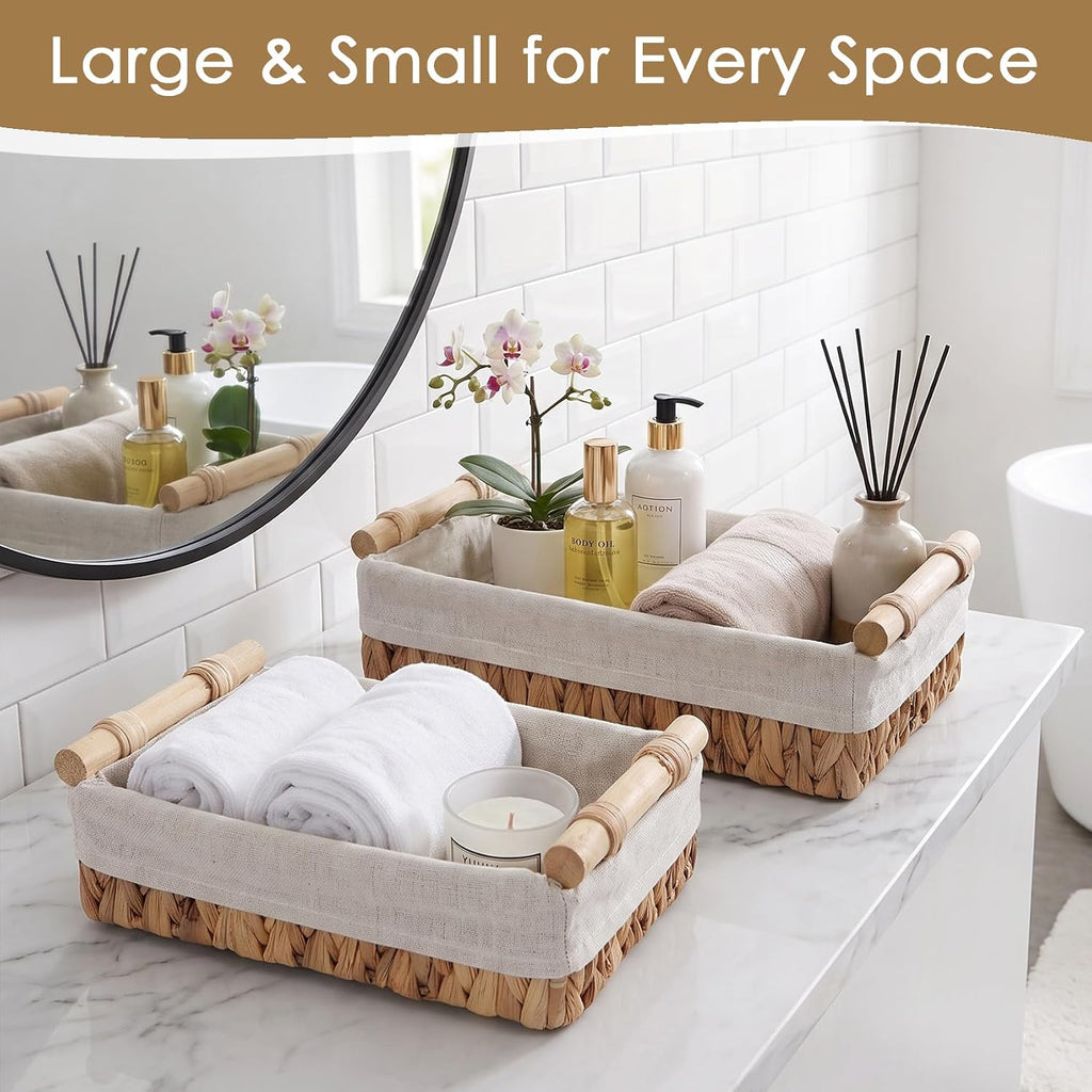 Water Hyacinth Wicker Storage Basket with Wooden Handle, Decorative Toilet Paper Baskets & Bathroom Organizer for Toilet Tank Top, Shelves, Bedroom, Countertop,Home, Office Storage Bins, 2 Pack