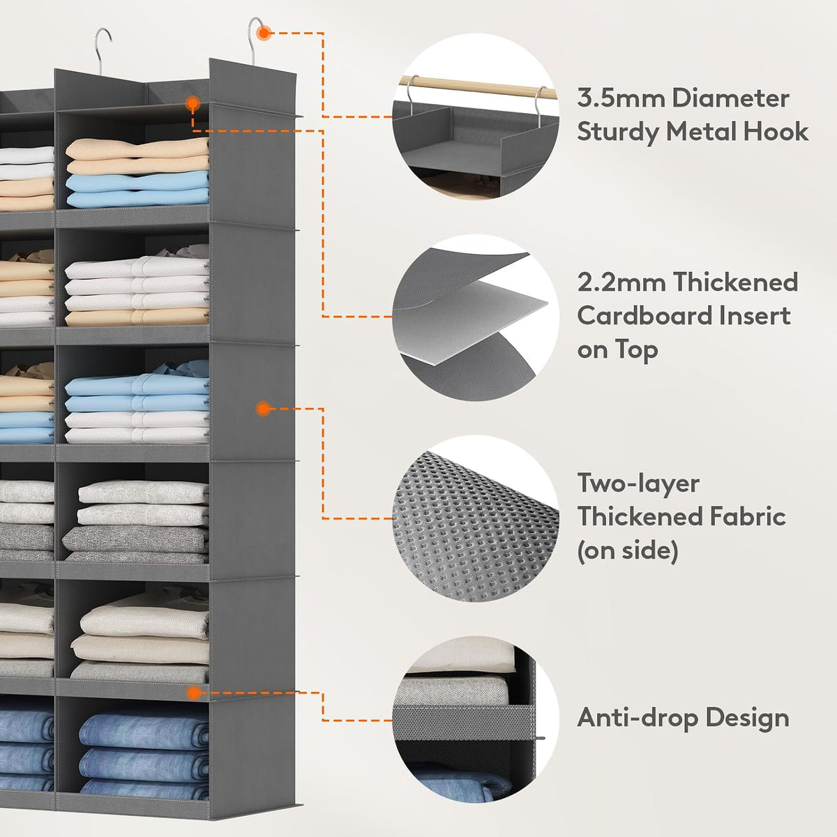 Lifewit 8 Sections Dual-Row Shelf Hanging Closet Storage Organizer, Gray