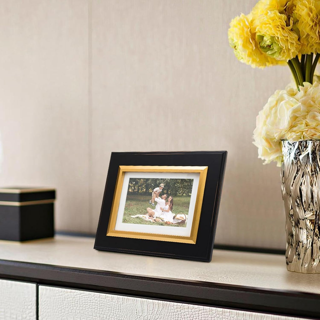 4x6 Black Wood Picture Frame with Real Glass, Gold Inner Border, Vertical and Horizontal for Tabletop or Wall Hanging