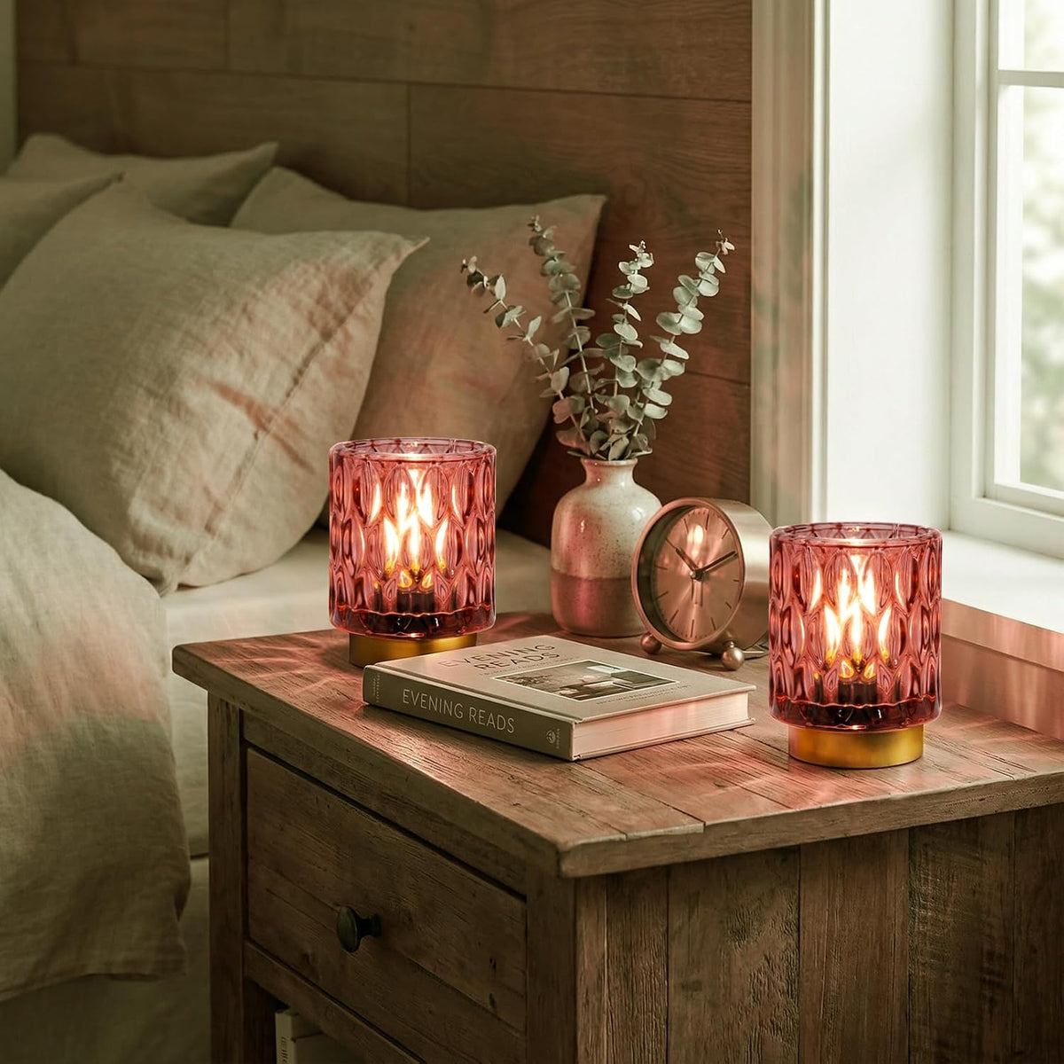 Battery Operated Table Lamp Timer, Small Cordless Lamps Decorative, 2 Pink