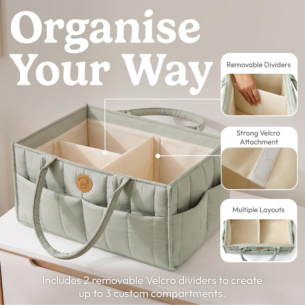 Baby Diaper Caddy Organizer - Portable Diaper Caddy with Handles & Removable Dividers - Large & Quilted Nursery Storage Basket - Changing Table Bag for Car - Baby Shower & Registry Gift - Sage Green