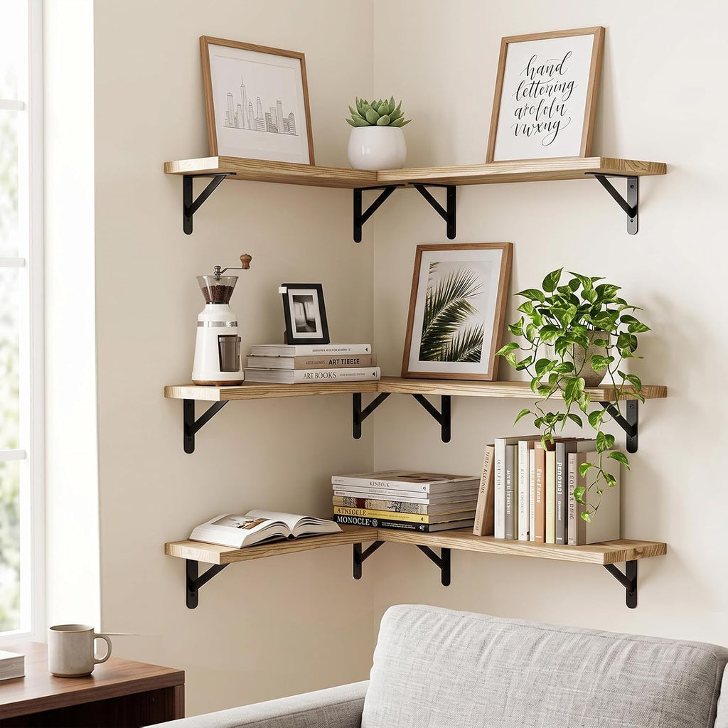 YGEOMER 16.5 Inch Floating Wall Shelves, Light Carbonized Brown, Set of 6