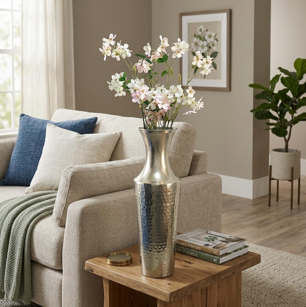Hosley 18 Inch High Silver Color Metal Floor Vase. Ideal for Dried Flowers Gift for Floral Arrangements Wedding Home Spa Votive Candle Gardens P9