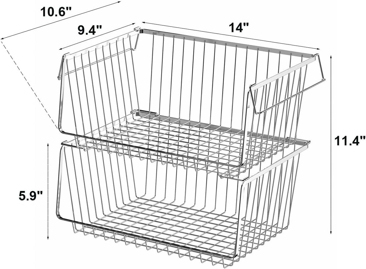 Wire Storage Baskets Stackable Large Metal Storage Organization, Pantry Storage Organizing Household Wire Baskets with Handles for Kitchen, Pantry, Bathroom, Cabinets, Bedrooms, Set of 2