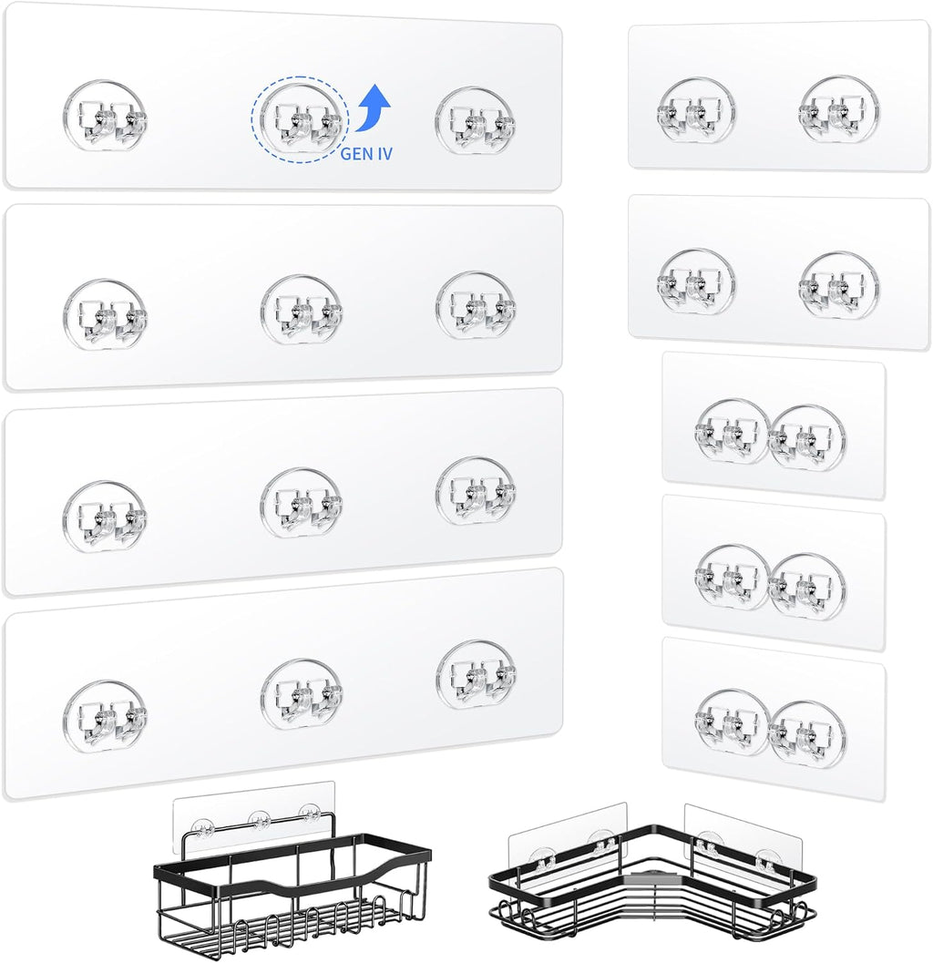 Shower Caddy Adhesive Replacement Hooks, Strong Waterproof Strips, No Drilling for Bathroom Shelves, Kitchen Racks, and Soap Holders (Transparent-9 Pack)