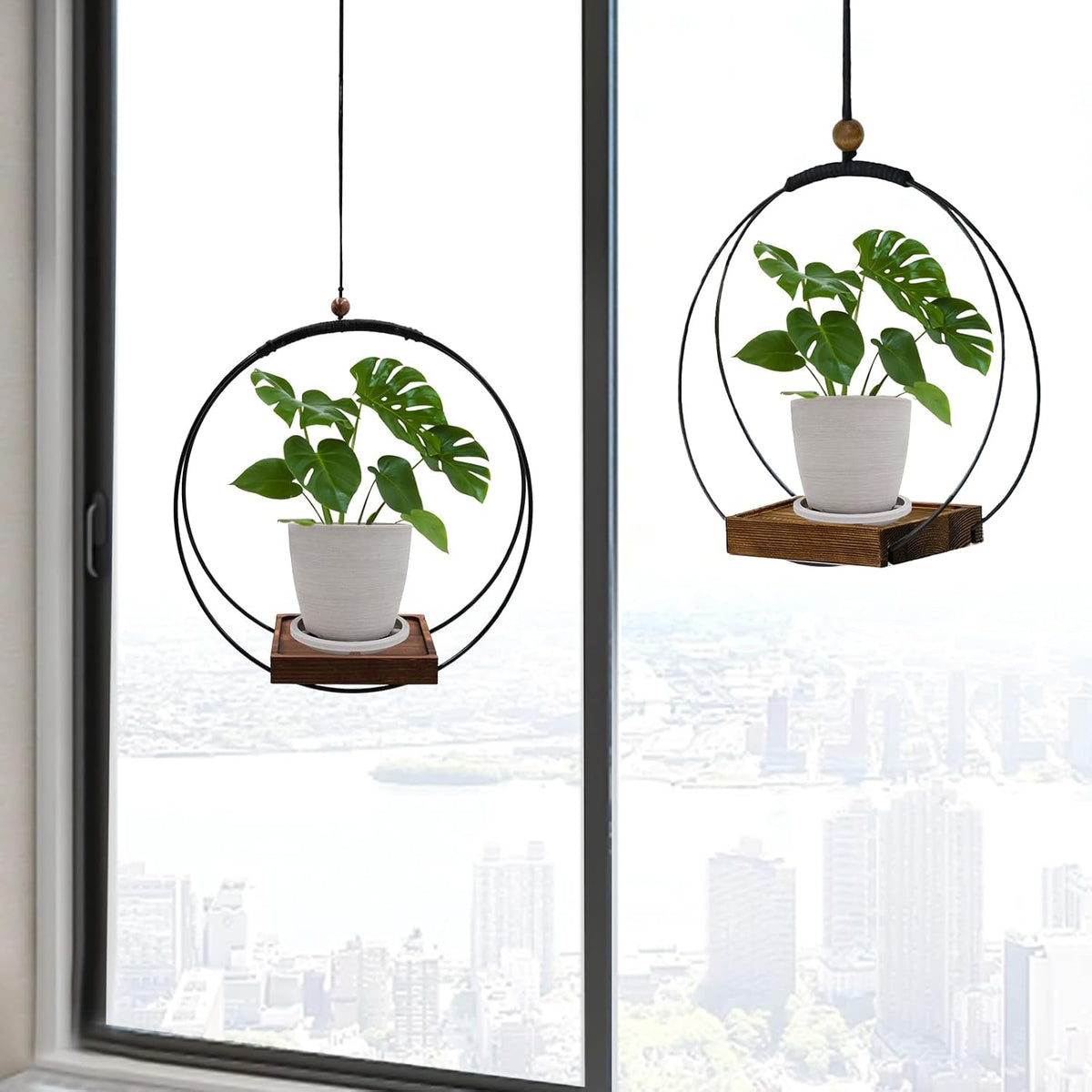 hismocal Hanging Planter for Indoor Plants,Plant Hanger with Sturdy Wood Base & Pot, Modern Boho Macrame Plant Hanger,Wall Ceiling Window Stands(2 Pack+Pots)