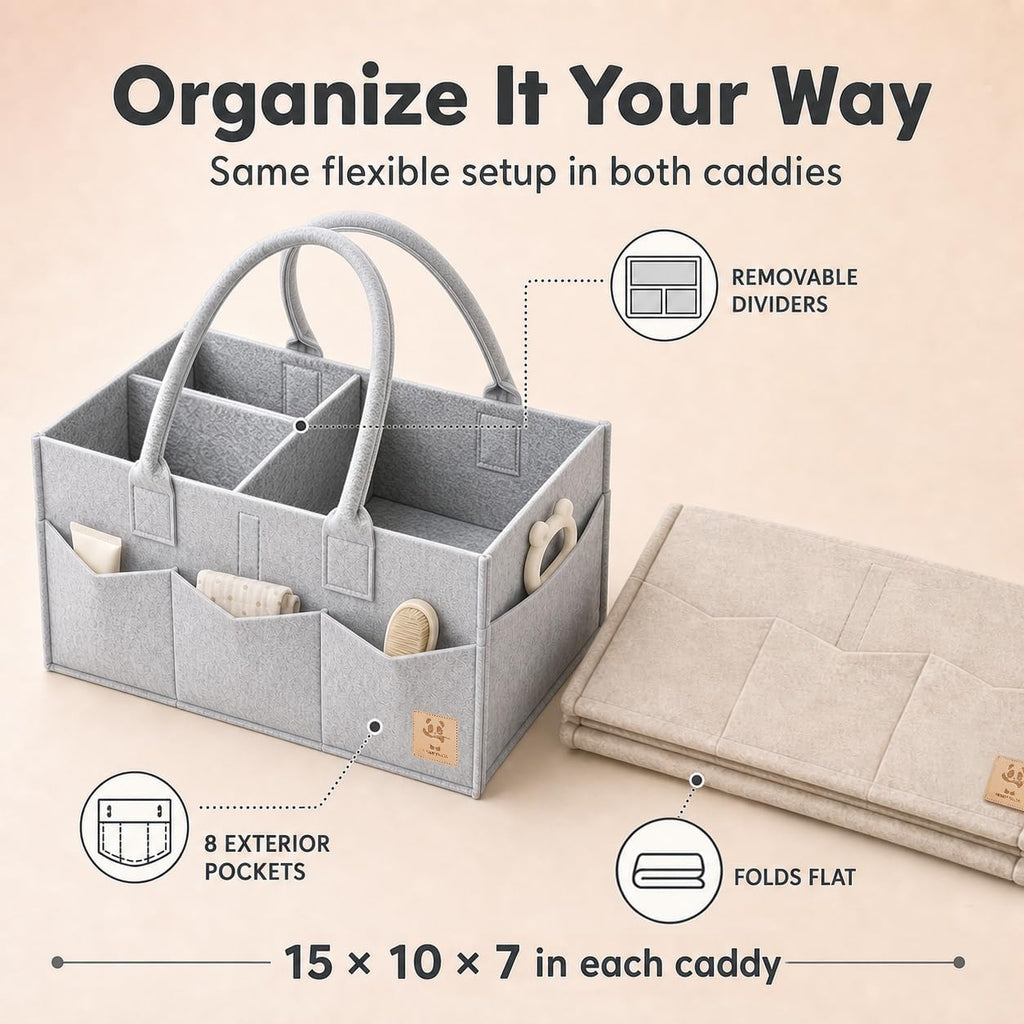 HIPHOP PANDA 2-Pack Diaper Caddy Organizer - Nursery Storage Bin & Car Organizer for Diapers, Wipes, and Baby Essentials - Dual-Color Solid Set (Grey/Oatmeal), Large Size