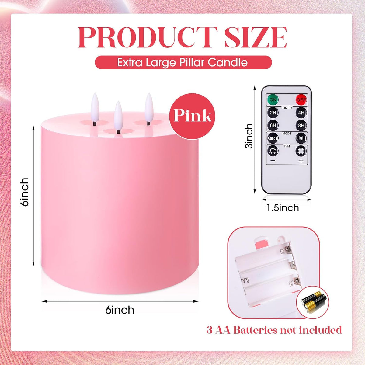 Retisee 1 Pack Pink Extra Large Flameless Candles 6"x6" Remote Control