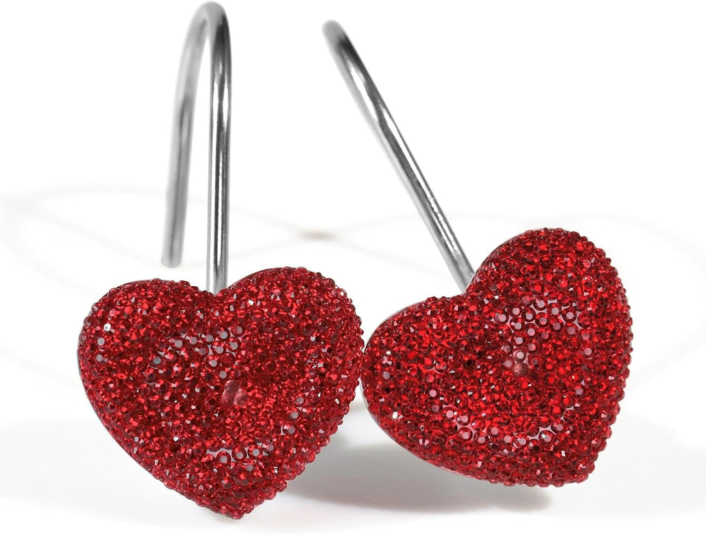 Red Bling Shower Curtain Hooks: Cute Heart Bathroom Curtain Rings, 12Pcs