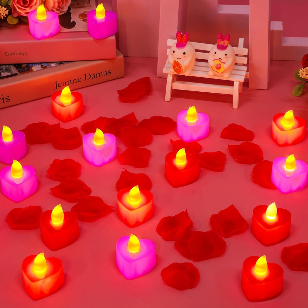 Valentines Day Decorations, 24 Pack LED Heart Tea Lights Candles Battery Operated Red Pink Valentines Day Lights Heart Shaped Flameless Candles for Romantic Night Anniversary Wedding Table Party Decor