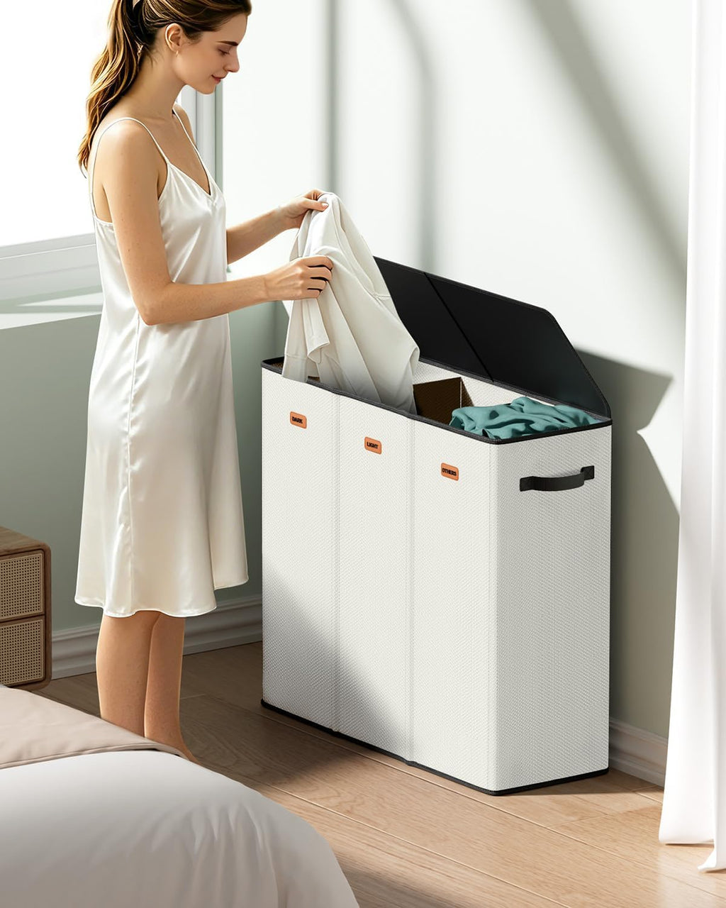 185L Laundry Hamper 3 Section with Lid & Removable Bags | Collapsible laundry basket organizer for laundry room, bedroom & dorm with 3 removable washing bags