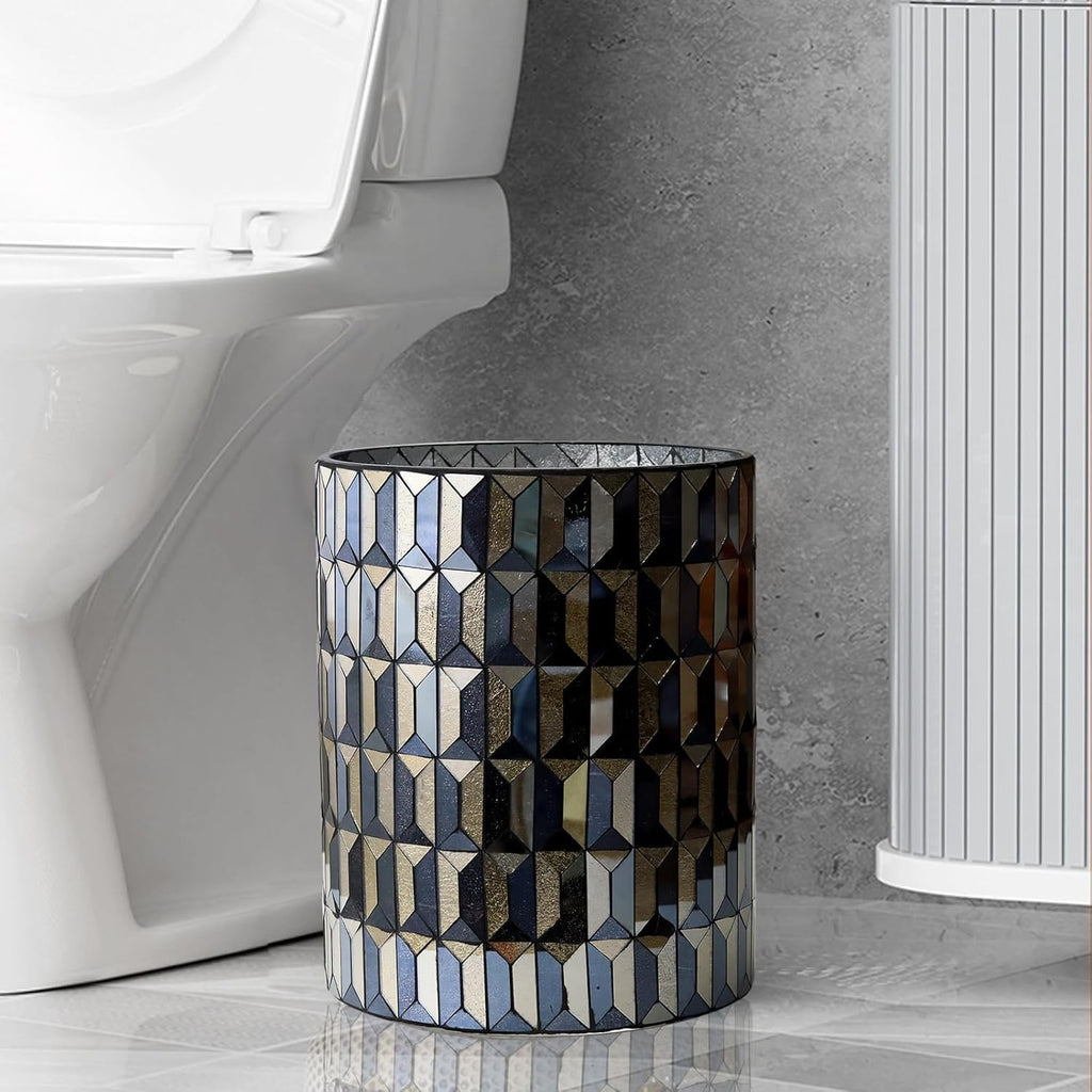 Escenzy Black Gold Bathroom Trash Can, Handmade Mosaic Glass 1.3 Gal / 5L | Decorative Waste Basket for Bathroom, Bedroom, Office | Luxury Black Gold Bathroom Decor | Glam Home Decor Gift