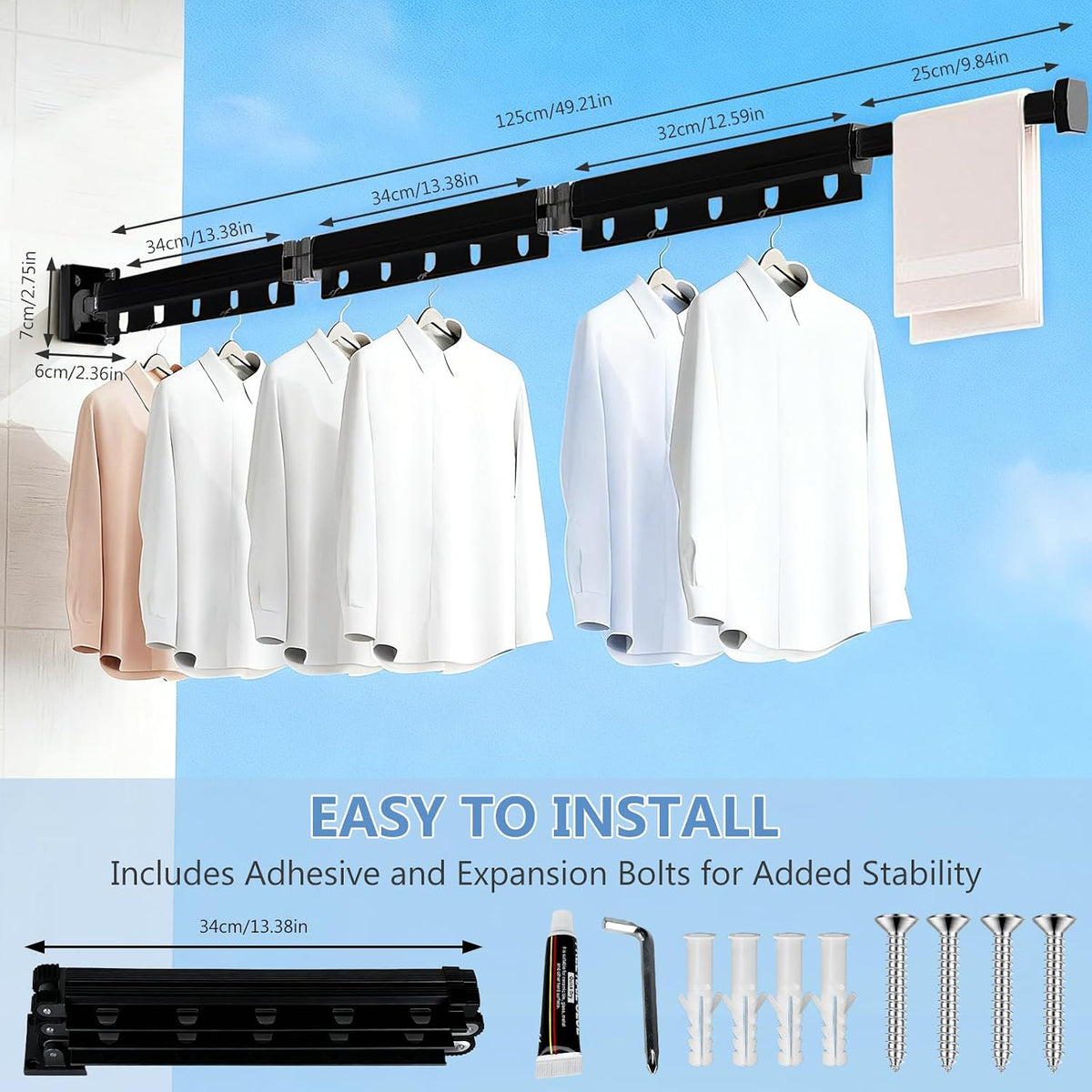Clothes Drying Rack Wall Mounted, 3-Fold Space-Saving Drying Rack Clothing